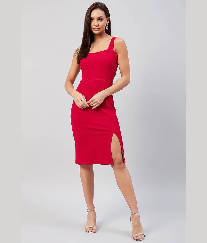 Rare Women Spandex Solid Side Slit Dress ( Red )