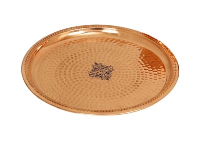 Indian Art Villa Handcrafted Pure Copper Small Thali | Plates with Hammered Design, Dinnerware, Serveware-20cm