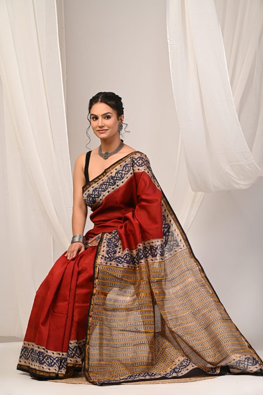 Hand block printed chanderi silk Sarees with blouse