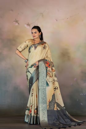 Chiku Birds Print Jacquard Checks Saree