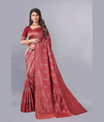 Gazal Fashions Banarasi Silk Printed Saree With Unstitched Blouse Piece ( Maroon )