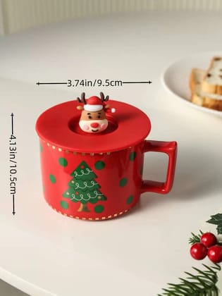 Christmas Ceramic Mug Set with 3D Lid – 300ml Festive Mug with Silicone Lid - RED