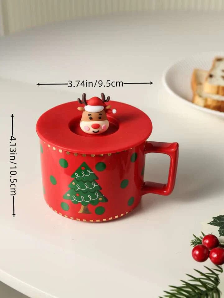 Christmas Ceramic Mug Set with 3D Lid – 300ml Festive Mug with Silicone Lid - RED