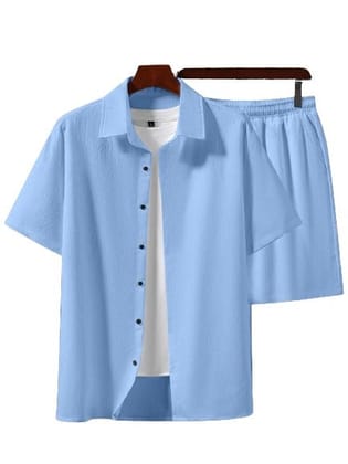 "Sky Serenity: Light Blue Plain Men's Co-ord Set by Glamastitch"-S