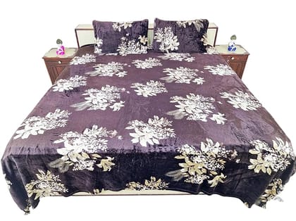 Velvet bedsheet Set with Pillow Covers, Floral Print Purple and White, 90 x 100 inches