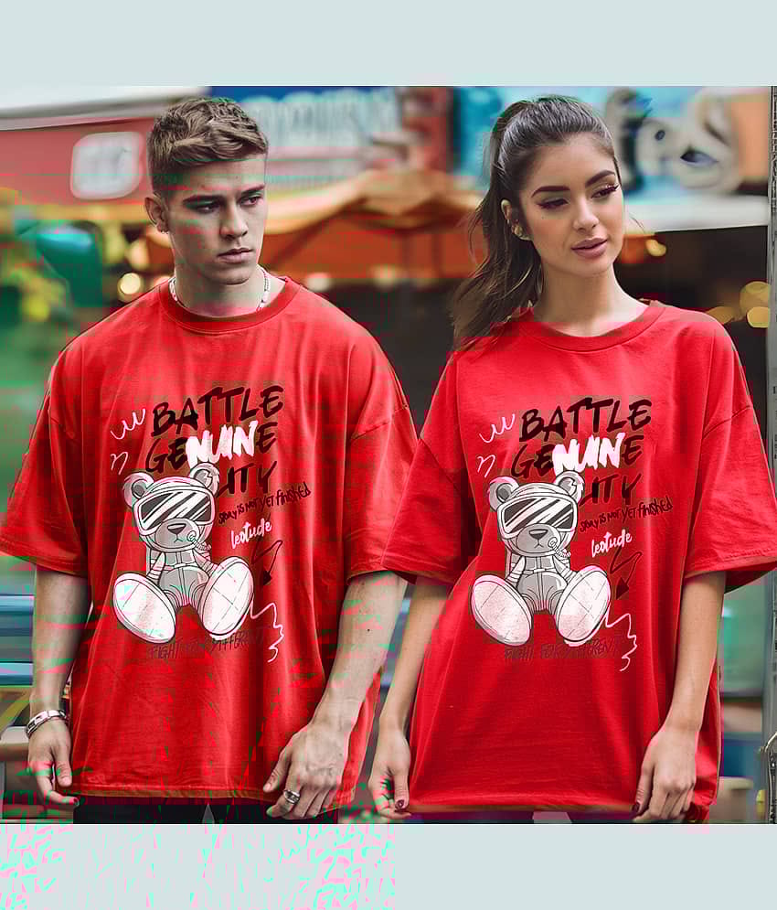 Leotude Red Blended Oversized Fit Couple T-Shirt