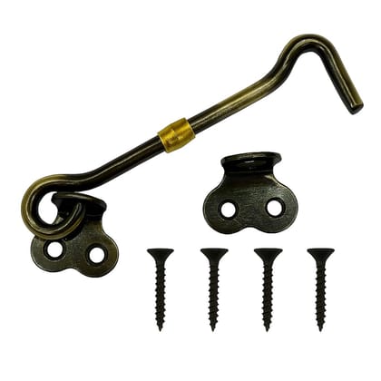 KARTHI7OCT STORE Black-Golden 4 Inch Brass Window Hook (Set of 2) � Vintage Style Cabin Hook Latch with Screws � Antique Door Stopper, Gate & Window Stay Lock
