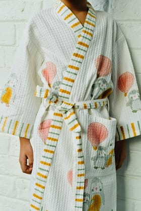 Kids HandBlock Premium Waffle Cotton Bathrobe Balloon Pattern - Small (2-4 years)