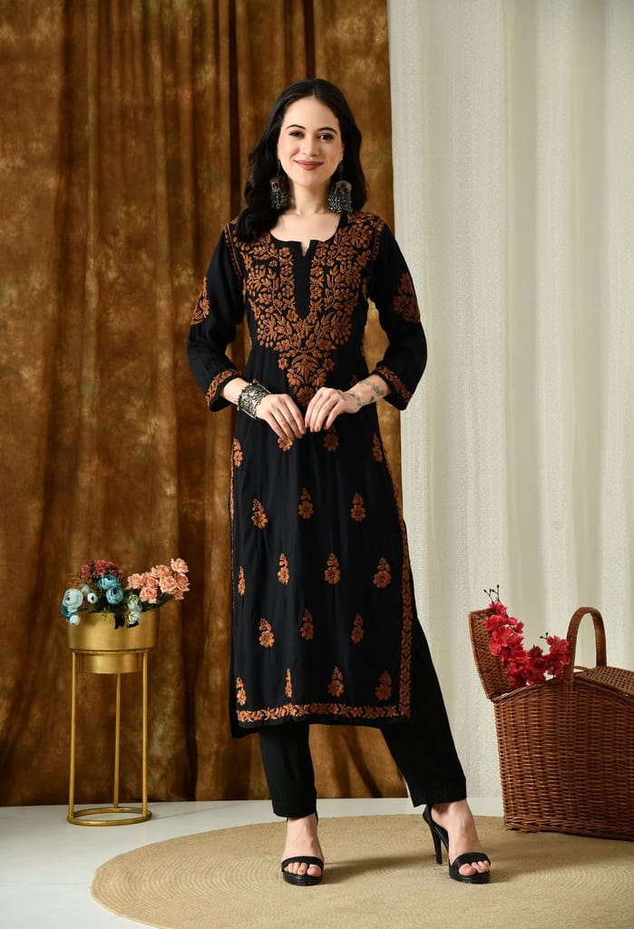 Black Kurta with Intricate Chikankari Work - Brown