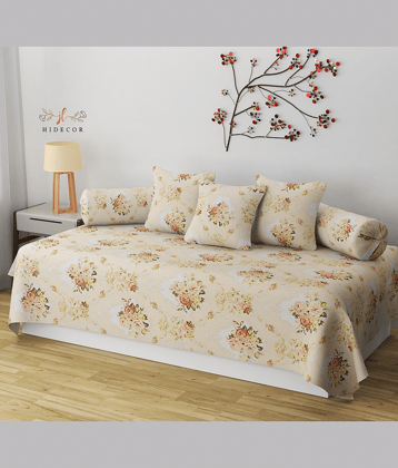 HIDECOR Cotton Floral Diwan Set 6 Pcs - Beige