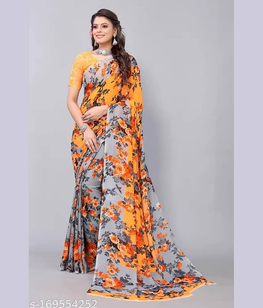 Suntex Georgette Printed Saree With Unstitched Blouse Piece ( Green )