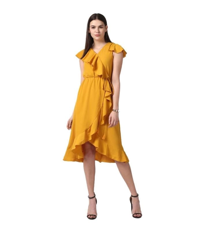 Women's Polyester Ruffled Cap Sleeve Knee-Length Dress (Yellow, XL)-PID55766
