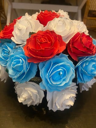 Mixed colours Foam rose flowers  bouquet with gilt and vas
