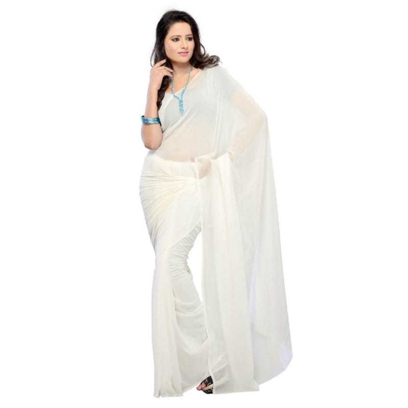 Generic Women's Georgette Plain Saree With Blouse (white, 5-6  Mtr)
