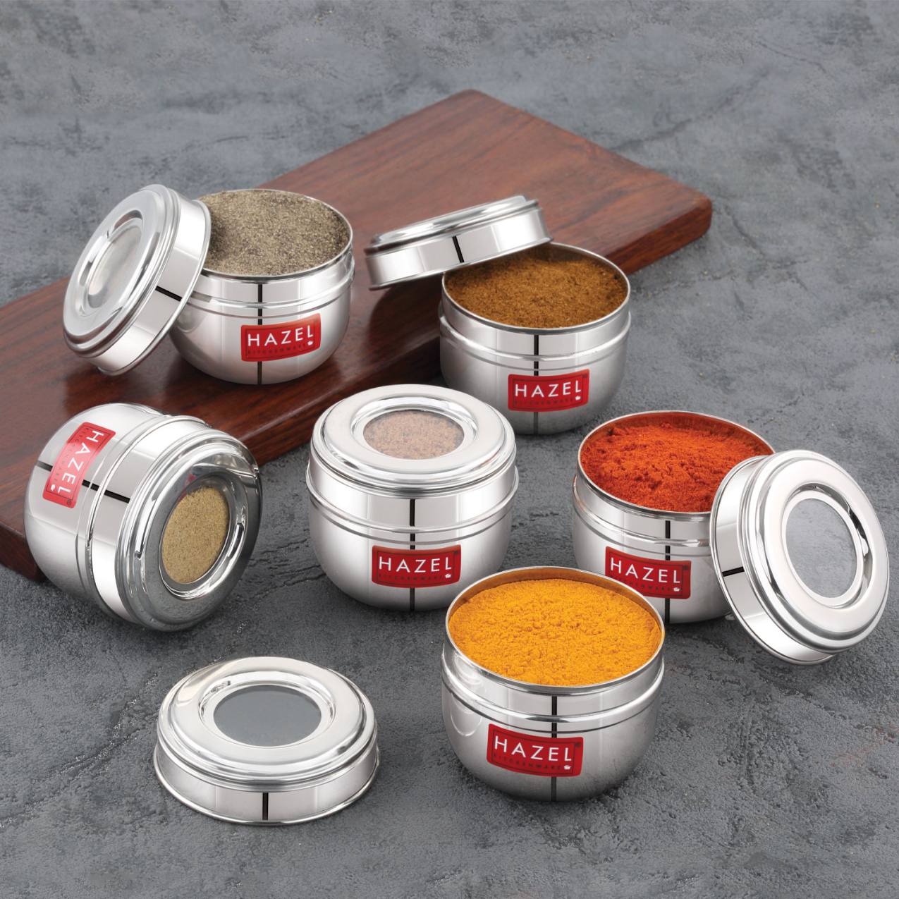 HAZEL Stainless Steel Transparent Lid Containers , Versatile Storage Jars with See-Through Top , Nesting Kitchen Canisters for Spices, Snacks & Grains , 150ml (Set of 6)
