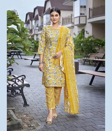Royal Export Cotton Blend Printed Kurti With Pants Women's Stitched Salwar Suit - Yellow ( Pack of 1 )