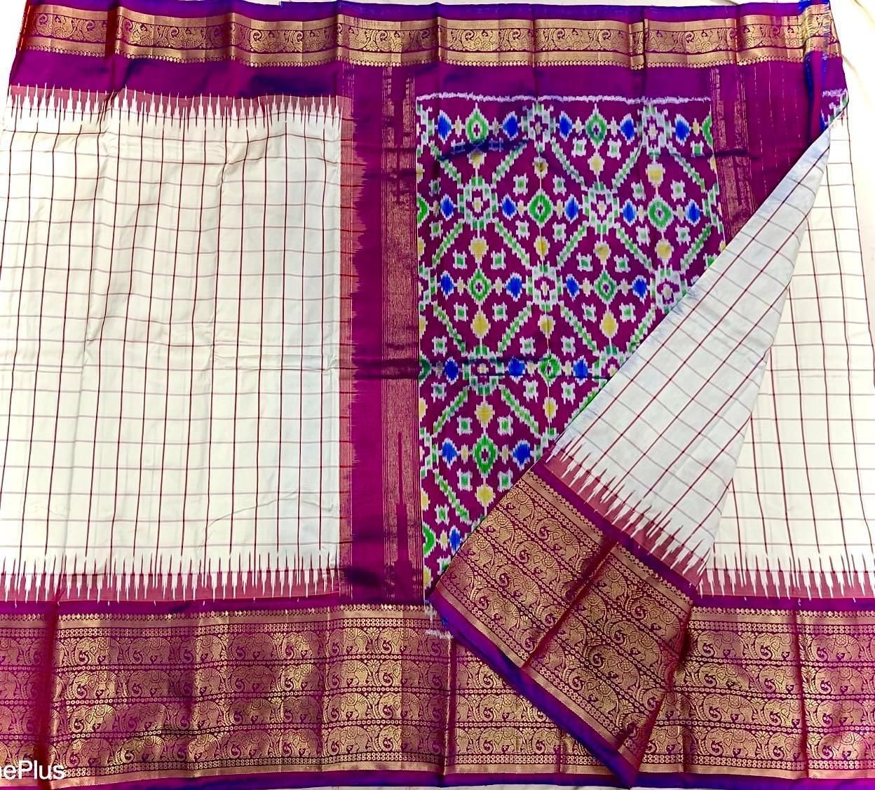Pochampally Ikat Silk Cream Checks Body With Border And Pallu Purple Sari