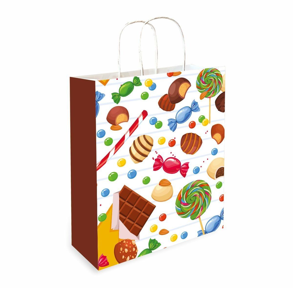 90 GSM Small Candy Theme Printed Attractive Small Party Paper Gift Bags, Ideal For Birthday Return Gifts, Kids Party, & Gifting On Special Occasions (Size:9.4x7.9x3 inch) -  12