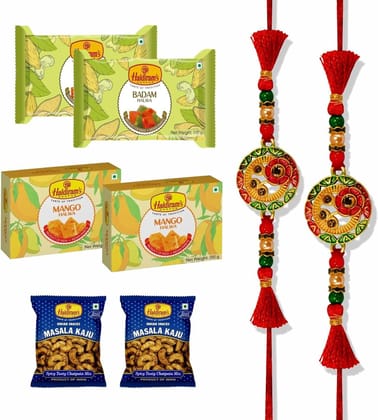 Haldiram's Nagpur Mango Halwa 2,Badam Halwa 2,Masala Kaju Pack of 2 With 2 Rakhi Assorted Gift Box (Multicolor)