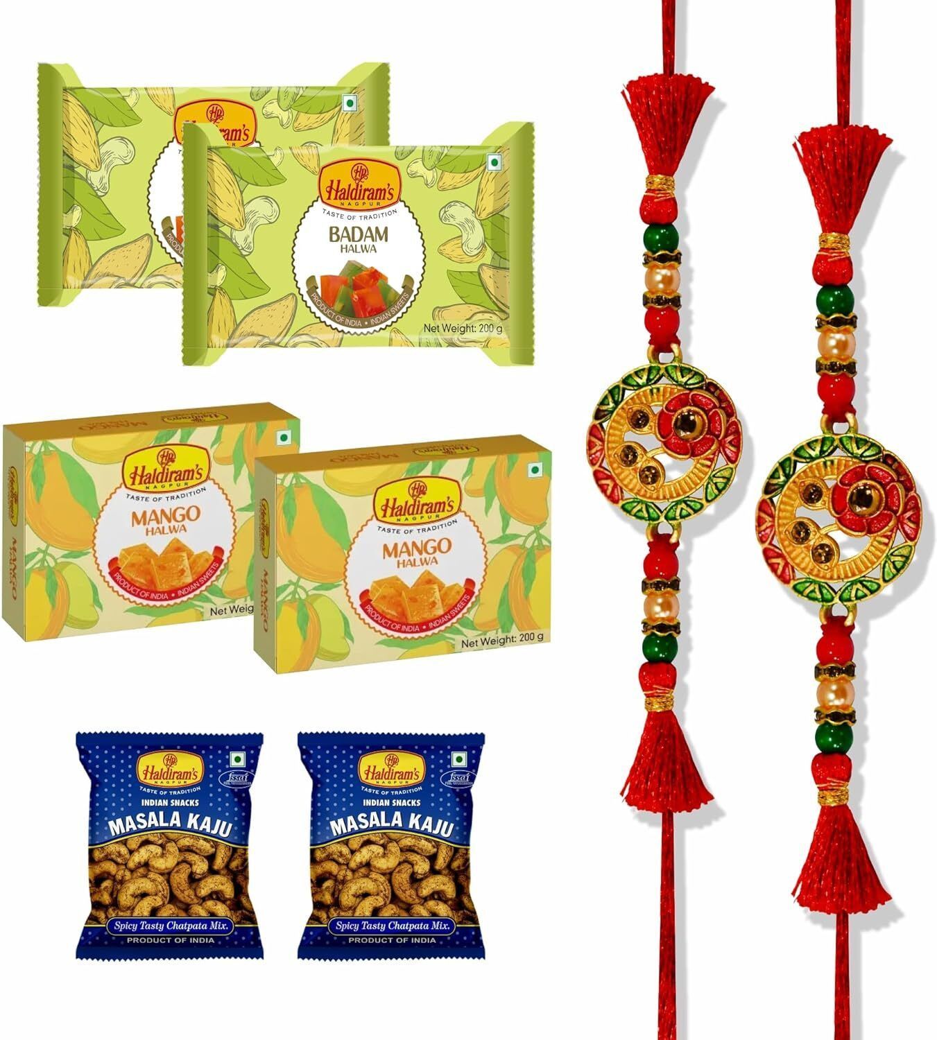 Haldiram's Nagpur Mango Halwa 2,Badam Halwa 2,Masala Kaju Pack of 2 With 2 Rakhi Assorted Gift Box (Multicolor)