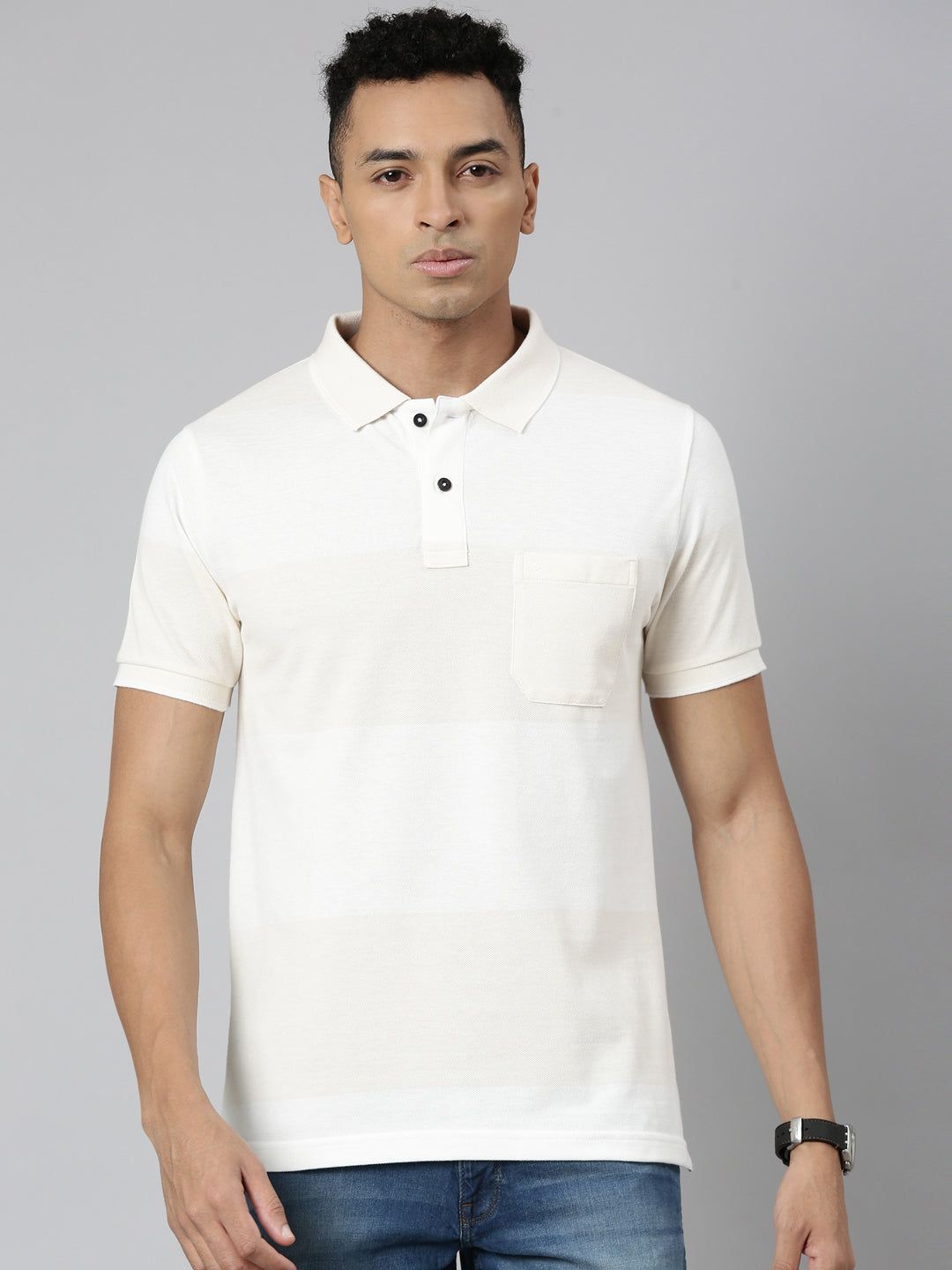Classic Polo Men's Polo Neck Cotton White Slim Fit Striped T-Shirt | ADORE-217 A SF P