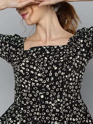 Carlton London Women Casual Black & White Conversational Peplum Top with Smocking Detail
