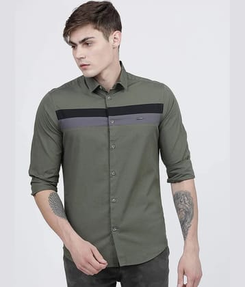 The Indian Garage Co Men Olive Green Slim Fit Striped Casual Shirt - None