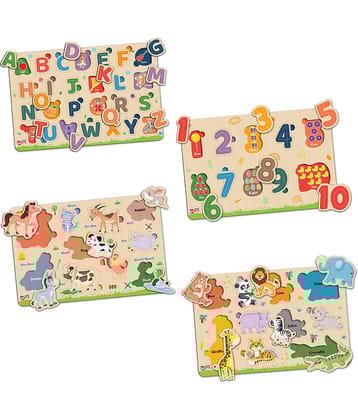 Little Berry Wooden Puzzle Board with Pictures for Kids (Pack of 4): ABCD Letters Alphabets, Numbers, Jungle Animals, Farm Animals - Knob & Peg Puzzles Games for Boys, Girls, Preschool Children - Learning & Education Wooden Toy Jigsaw Puzzle Set