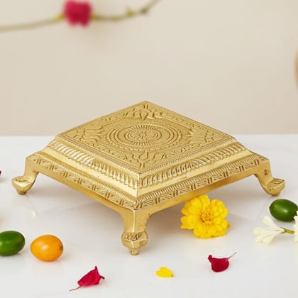 Brass Square Shape Chowki - Premium Base Stand for God Idol Statue, Length : 4 Inch (BSMAS1022 C)