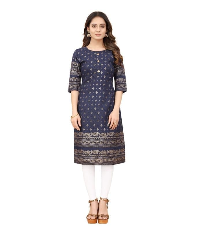 Women's Casual 3/4th Sleeve Foil Gold Printed Cotton Kurti (Blue, S)-PID46157