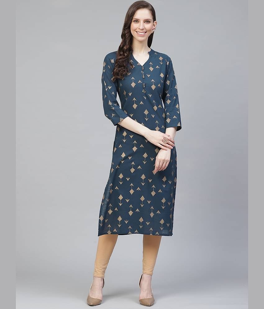 Vaamsi Cotton Printed Straight Women's Kurti - Teal ( Pack of 1 )