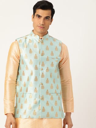 Mens Silk Blend Self Design Sea Green Nehru Jacket-44