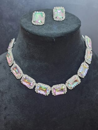 Silver Multi Colour Shine Kundan Necklace with Earring