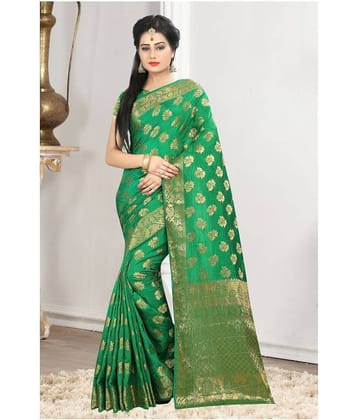 Gazal Fashions Banarasi Silk Printed Saree With Unstitched Blouse Piece ( Green )