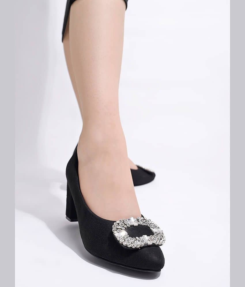 Shoetopia Rhinestone Buckle Detailed Black Pumps For Girls