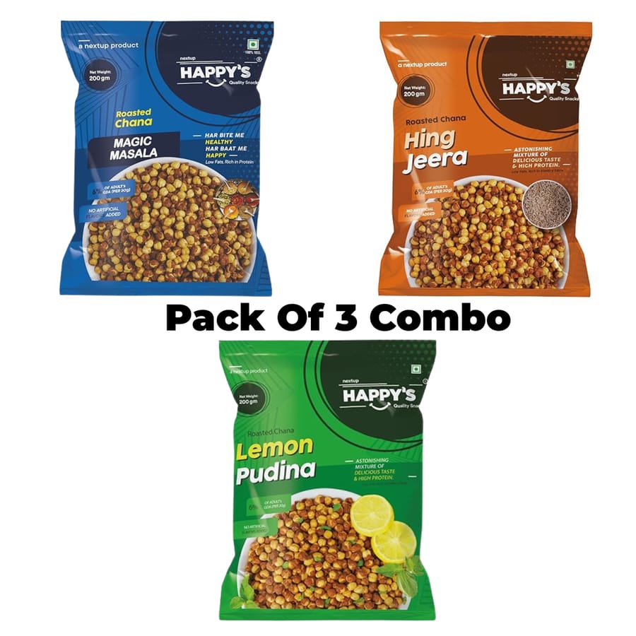 Happy's Roasted Chana Combo Pack (Hing Jeera, Lemon Pudina, Magic Masala) - 600 gm