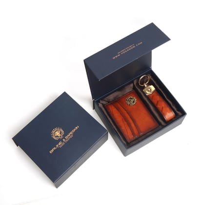 Tan Croco Print Leather Card Holder with Padded Keychain by Brune & Bareskin-One