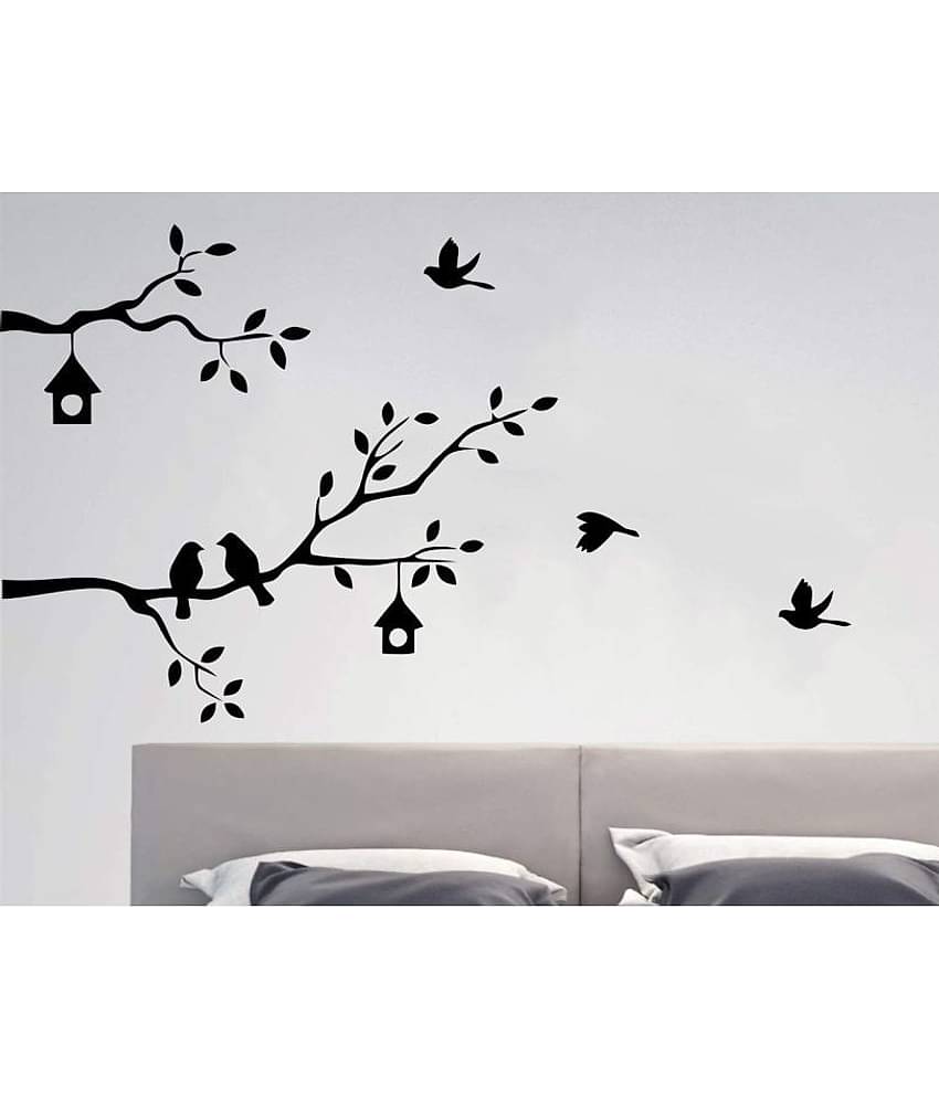 Asmi Collection Birds Family on a Tree Branch Wall Sticker ( 75 x 128 cms )