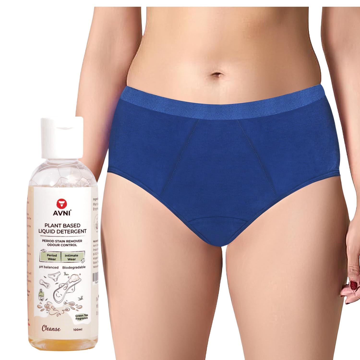 Avni - Washable Period Panty | 2XL Panty + 100ml Liquid Detergent | Breathable Bamboo Fabric | Medium to Heavy Flow | Protection up to 10 hrs | High Waist for Women | Reusable for 2 yrs Blue