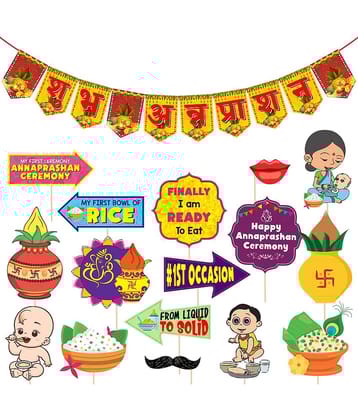 Zyozi Annaprasanam Photo Booth Props with Annaprasanam Bunting Banner Hindi Font Shubh Annaprashan/Rice Ceremony Decorations Items/Rice Ceremony Props (Pack of 17)