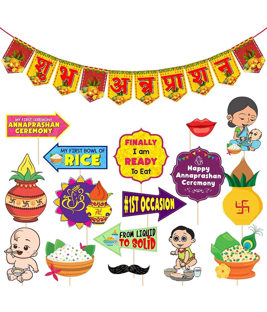 Zyozi Annaprasanam Photo Booth Props with Annaprasanam Bunting Banner Hindi Font Shubh Annaprashan/Rice Ceremony Decorations Items/Rice Ceremony Props (Pack of 17)