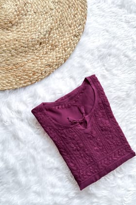 Husn Chikankari Rayon Short Kurti-Wine / 2XL