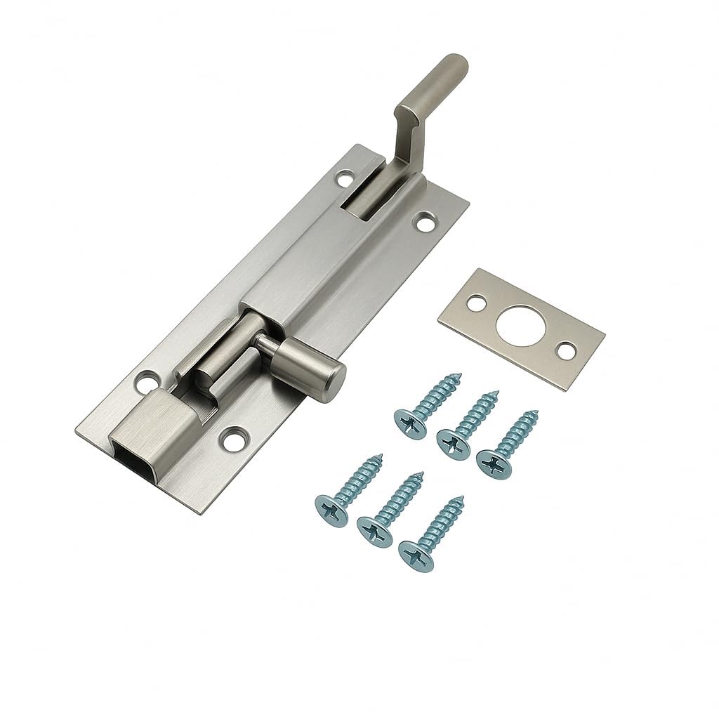 Marble Tower Bolt with 6 Screws (Set of 2) | 4-Inch Stainless Steel Tower Bolt | Heavy-Duty L-Shape Stopper | Hook-Style Slide Lock | Matt Finish | Door & Window Fitting Hardware