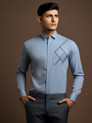 Embroidered Semi Formal Blue Shirt-POWDERBLUE / S