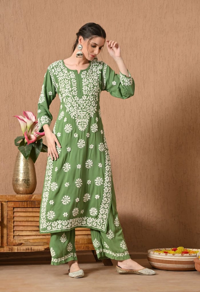 Premium Rayon Chikankari Plazo Set with Hand Embroidery & 3D Work - Green
