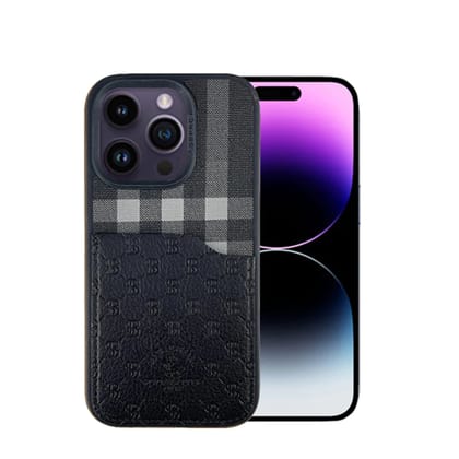 iPhone 14 Plus Cover - Santa Barbara Genuine Leather Card Holder Case Plaid Series-Black