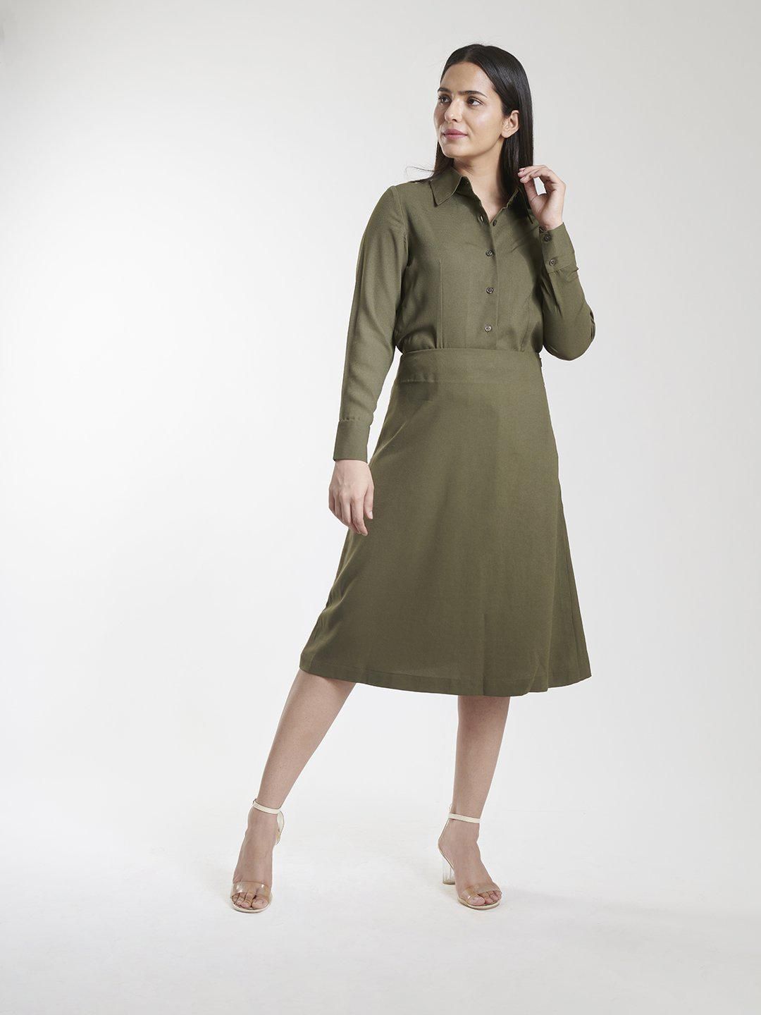 Poly Moss A Line Skirt Suit - Olive Green-XL