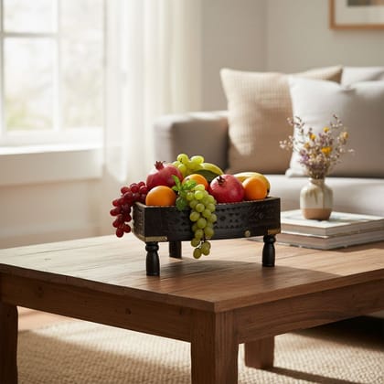 BAANMATA INTERNATIONAL Triangular Handicraft Coffee-Table Cum Fruits-Bowl,Wooden Carved Chapati-Bowl Cum Lamp-Table,Multipurpose Showpiece Chakki-Table for Office/Home