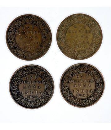 British India Set of 4 Coins of One Quarter Anna George V - Collectible Item for Students and Coin Collectors