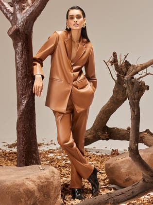 Beige Leather Coat-S / Beige